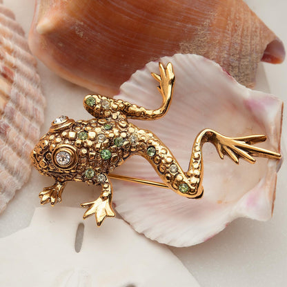 Vintage Oscar de la Renta Fancy Frog Brooch Gold Pin Luxury Designer Jewelry Womans