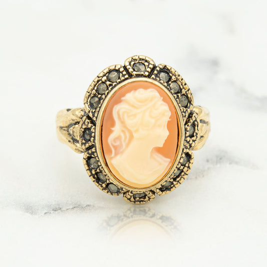 Vintage Ring 1970s 18k Gold with Antique Plating White on Coral Cameo Ring Genuine Marcasite