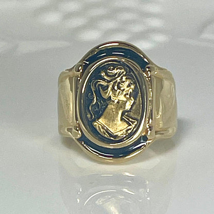 Vintage Womens Gold Cameo 18k Yellow Gold Electroplated Ring Hand Painted Epoxy Made in USA Victorian Rings Silhouette Cameo