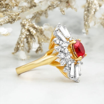 Vintage Ring 1970's Ruby and Clear Austrian Crystals 18k Gold Antique Jewelry for Women - Limited Stock - Never Worn Cocktail Ring