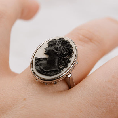 Vintage Black Silhouette on White Cameo Ring Antique 18k White Gold Silver Womans Handmade Jewelry Victorian Rings Limited Stock