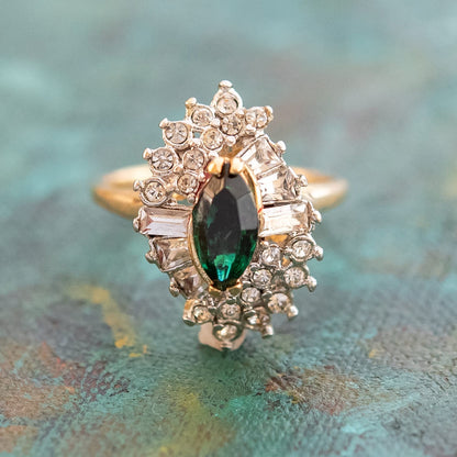 Women's Vintage 1970s Ring Emerald and Clear Austrian Crystals 18k Yellow Gold Electroplate Made in USA