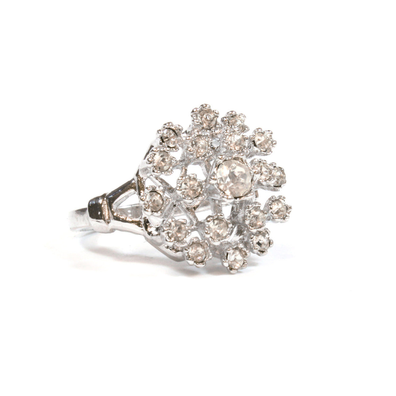 Vintage Clear Austrian Crystal Burst Ring 18k White Gold Electroplated Made in USA