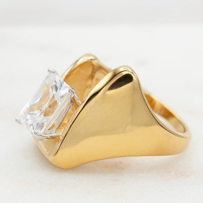 Vintage 18KT Gold Electroplated Cubic Zirconia Ring 4 CT Solitaire Emerald Cut Woments Statement Ring