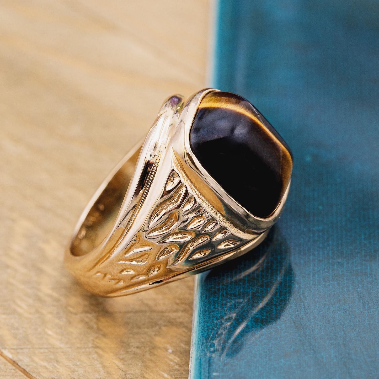 Vintage Ring 1980s Mens Genuine Tiger Eye 18kt Gold Electroplated Ring Unisex Jewelry Gift for Men Dad Husband Father's Day Gift Men's Rings