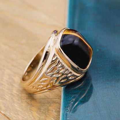 Vintage Ring 1980s Mens Genuine Tiger Eye 18kt Gold Electroplated Ring Unisex Jewelry Gift for Men Dad Husband Father's Day Gift Men's Rings
