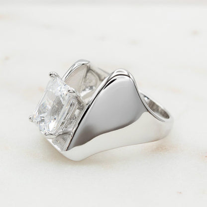 Vintage 18KT White Gold Electroplated Cubic Zirconia Ring 4 CT Solitaire Emerald Cut Women's Statement Ring