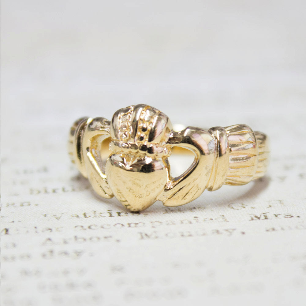 Handcrafted Vintage 18k Yellow Gold Electroplated Irish Claddagh Ring Made in USA