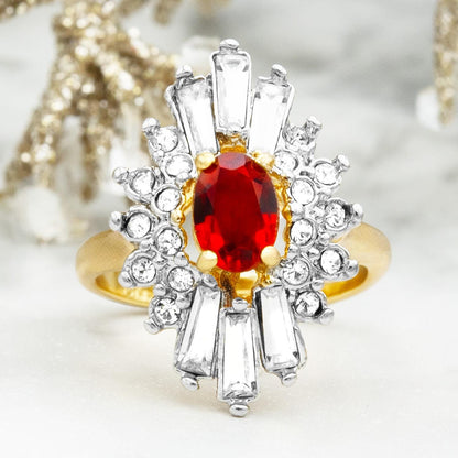 Vintage Ring 1970's Ruby and Clear Austrian Crystals 18k Gold Antique Jewelry for Women - Limited Stock - Never Worn Cocktail Ring
