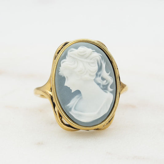 Womens Vintage White Silhouette on Light Blue Cameo Bead Ring 18kt Yellow Gold Electroplated