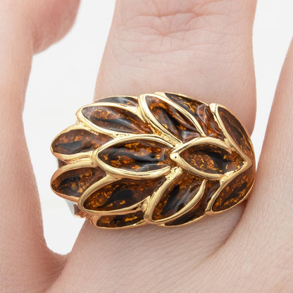 Vintage 1970s Women's Ring 18k Gold Electroplated Brown Enamel Leaf Motif Dome Ring Hand Made in USA