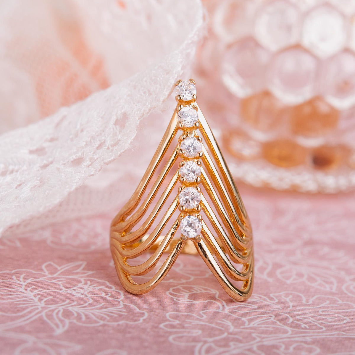Vintage 1980s Cubic Zirconia Women's Statement Ring 18k Yellow Gold Electroplated V Shape Mid Century Design