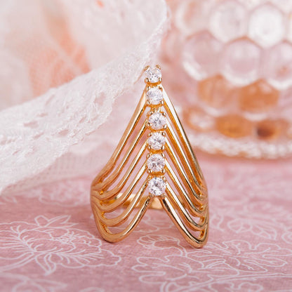 Vintage 1980s Cubic Zirconia Women's Statement Ring 18k Yellow Gold Electroplated V Shape Mid Century Design