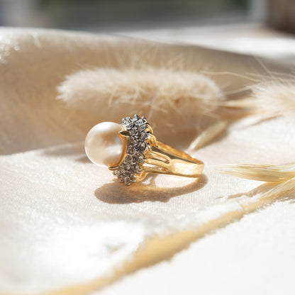 Vintage Ring 1970s Pearl Bead and Austrian Crystal Ring 18k Gold Limited Stock - Never Worn Women's Antique Jewelry
