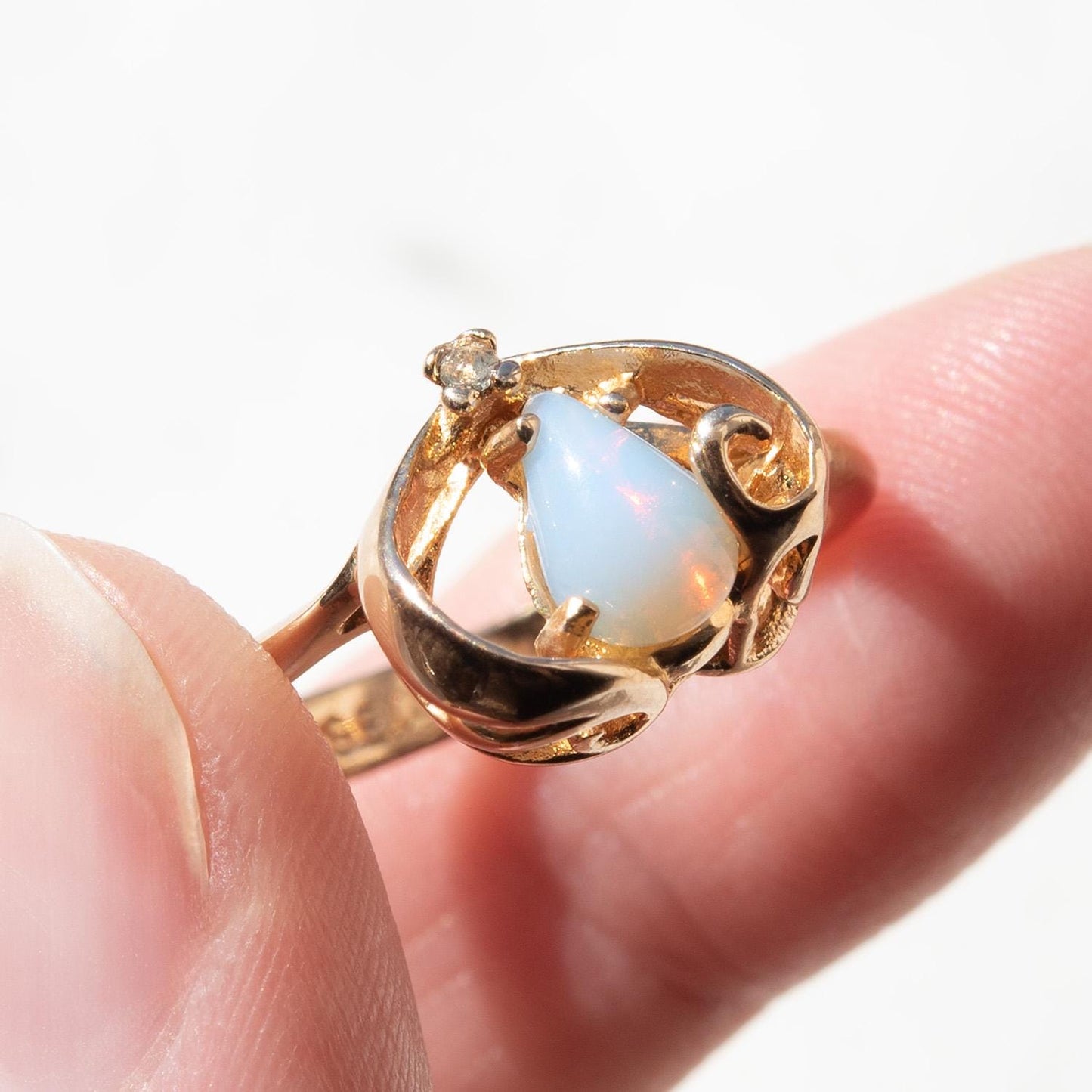 Vintage 18k Gold Electroplate Genuine Pinfire Opal Ring Austrian Crystal Heart Shape October Birthstone Ring for Women Dainty Girls Rings