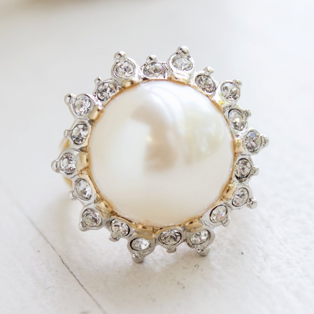 Vintage 1970's Pearl Bead and Austrian Crystal Ring 18k Yellow Gold Electroplated Made in USA