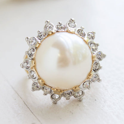 Vintage 1970's Pearl Bead and Austrian Crystal Ring 18k Yellow Gold Electroplated Made in USA