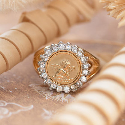 Vintage 18k Gold Electroplated Cherub Angel Coin and Crystal Womens Girls Ring