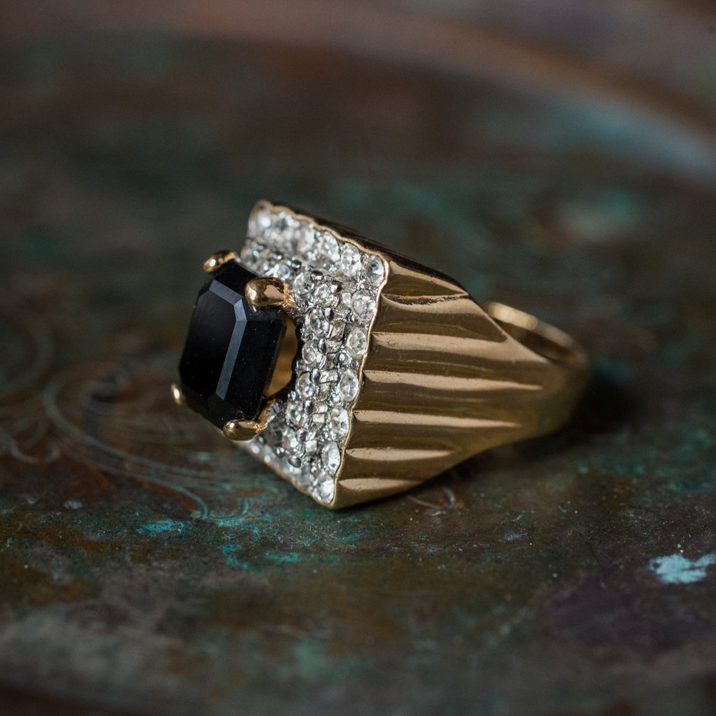 Vintage Black and Clear Austrian Crystal Cocktail Ring 18k Yellow Gold Electroplated Made in USA