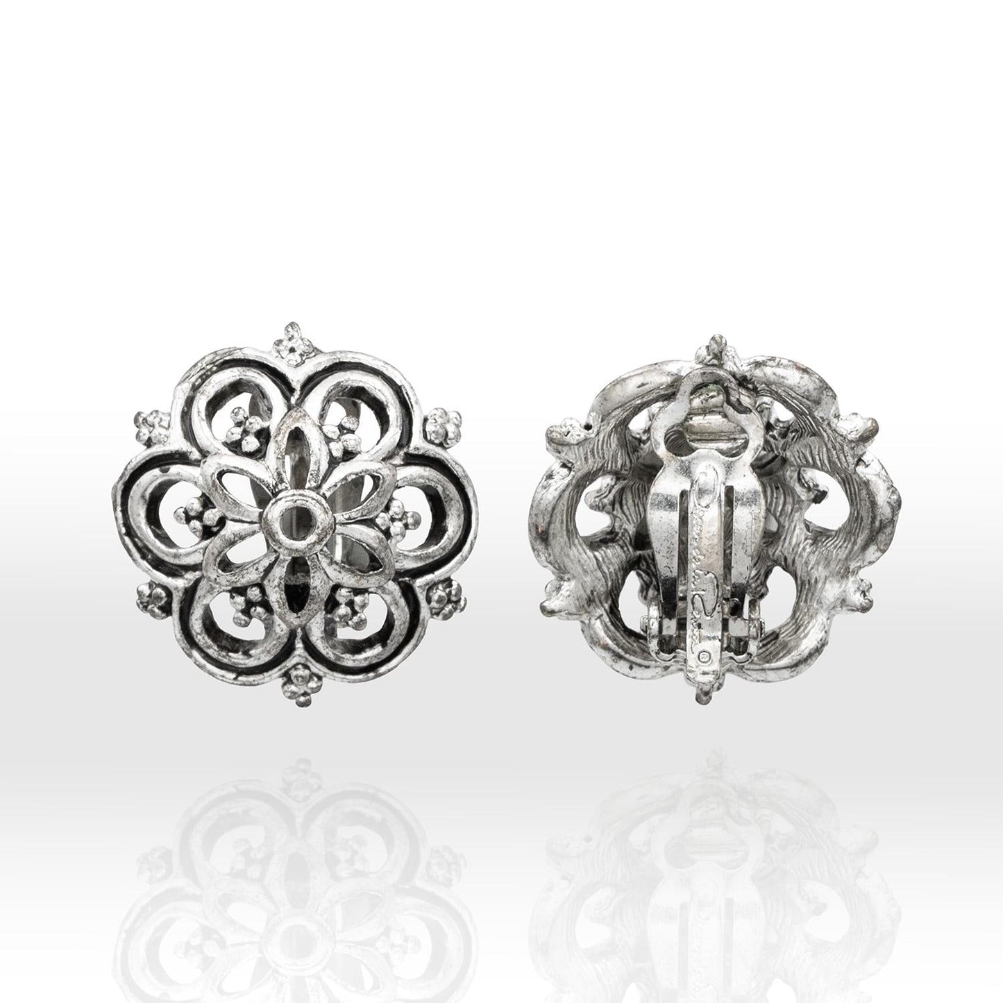 Vintage Oscar de la Renta Clip Earrings Antique White Gold Dome Designer With Logo