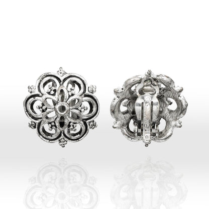 Vintage Oscar de la Renta Clip Earrings Antique White Gold Dome Designer With Logo
