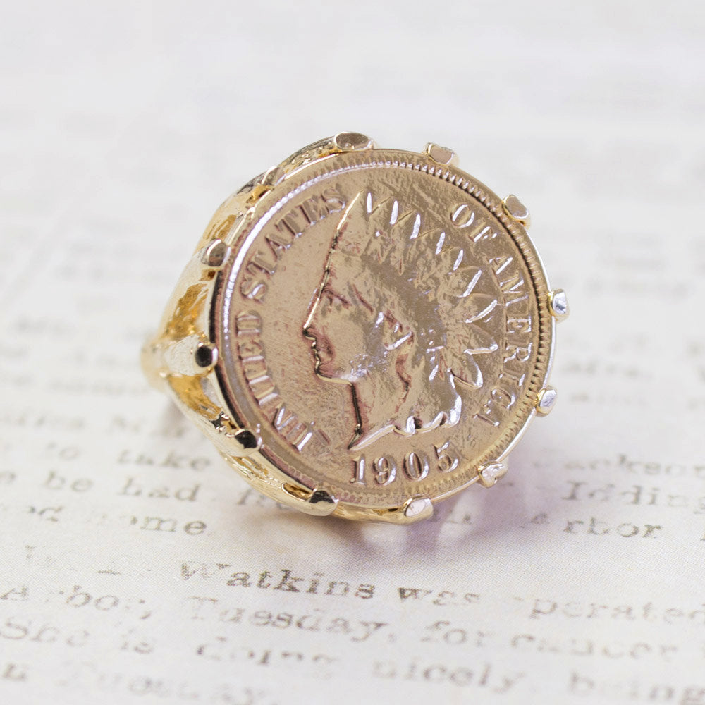 Vintage Indian Head Penny Ring 18k Gold Electroplated Edwardian Style Made in USA