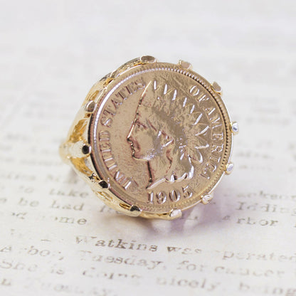 Vintage Indian Head Penny Ring 18k Gold Electroplated Edwardian Style Made in USA