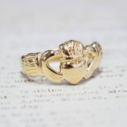 Handcrafted Vintage 18k Yellow Gold Electroplated Irish Claddagh Ring Made in USA