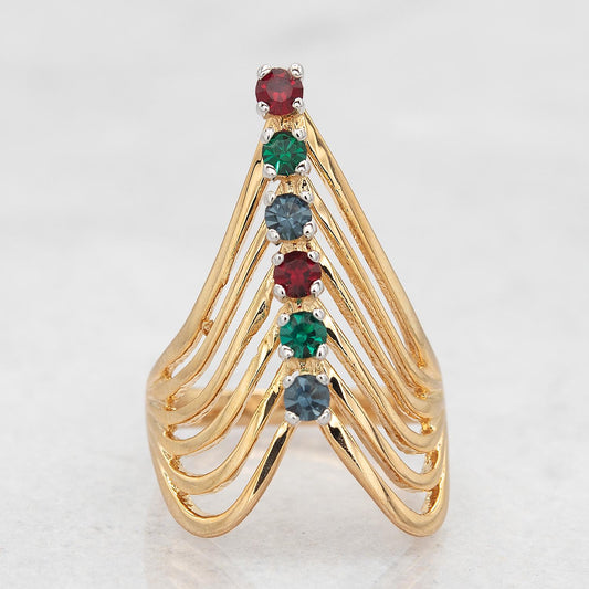 Vintage 1980s Multi Color Cubic Zirconia Women's Statement Ring 18k Gold Electroplated V Shape Mid Century Design