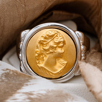 Womens Vintage Cameo Ring 18kt White and Yellow Gold Victorian Lady Cameo Jewelry for Women Statement Ring Girls Unique Rings