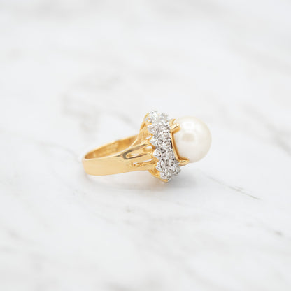 Vintage Ring 1970s Pearl Bead and Austrian Crystal Ring 18k Gold Limited Stock - Never Worn Women's Antique Jewelry