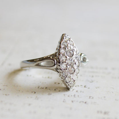 Vintage Pave 18k White Gold Electroplated Ring with Austrian Crystals Made in USA