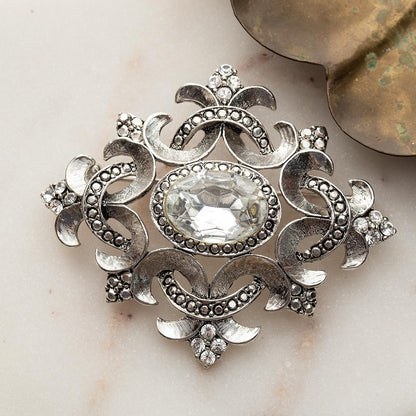 Vintage Oscar de la Renta Brooch White Gold Pin Luxury Designer Jewelry Austrian Crystals Womans Antique Estate Jewelry