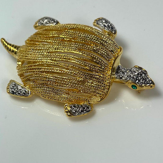 Hand Crafted Turtle Pin Clear Austrian Crystals and Emerald Crystal Eyes Antique Brooch for Women Gold Plated Gift for Women Lapel Pin