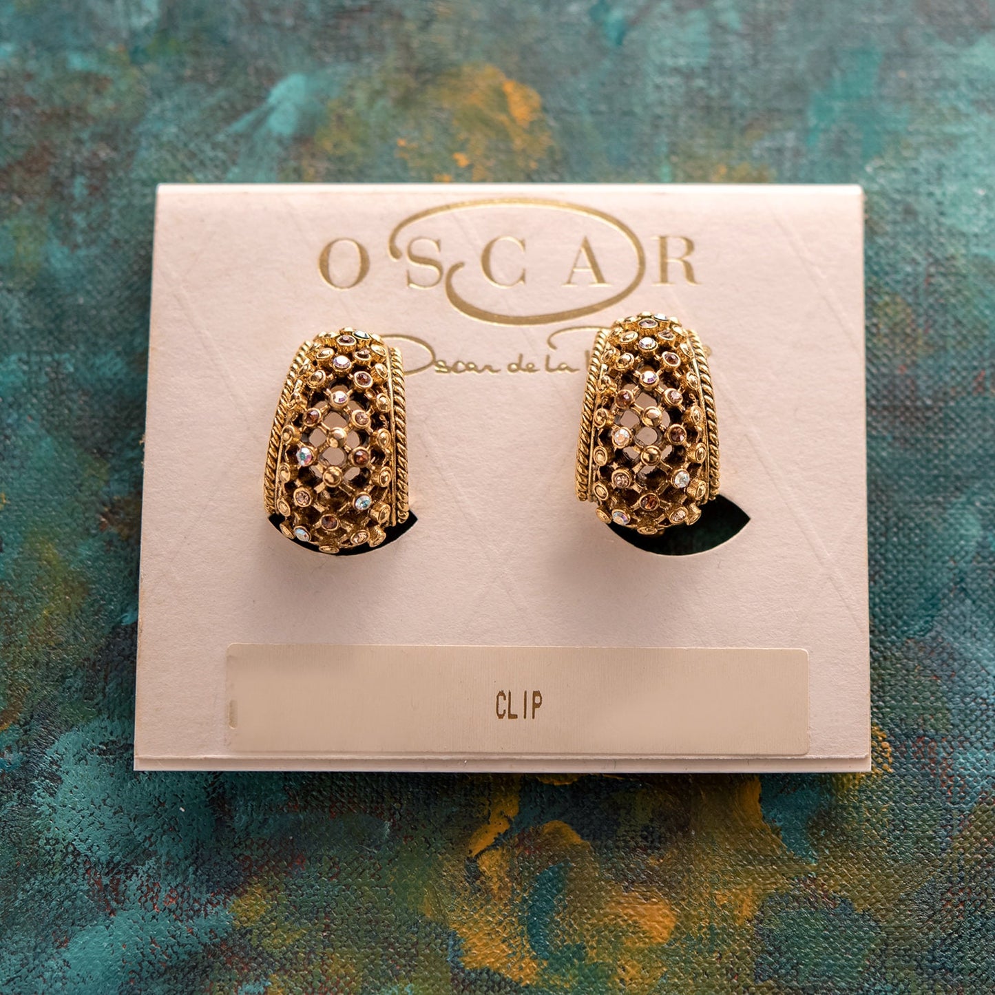 Vintage Oscar de la Renta Clip Earrings Gold Tone and Crystals OSE-2343-CY