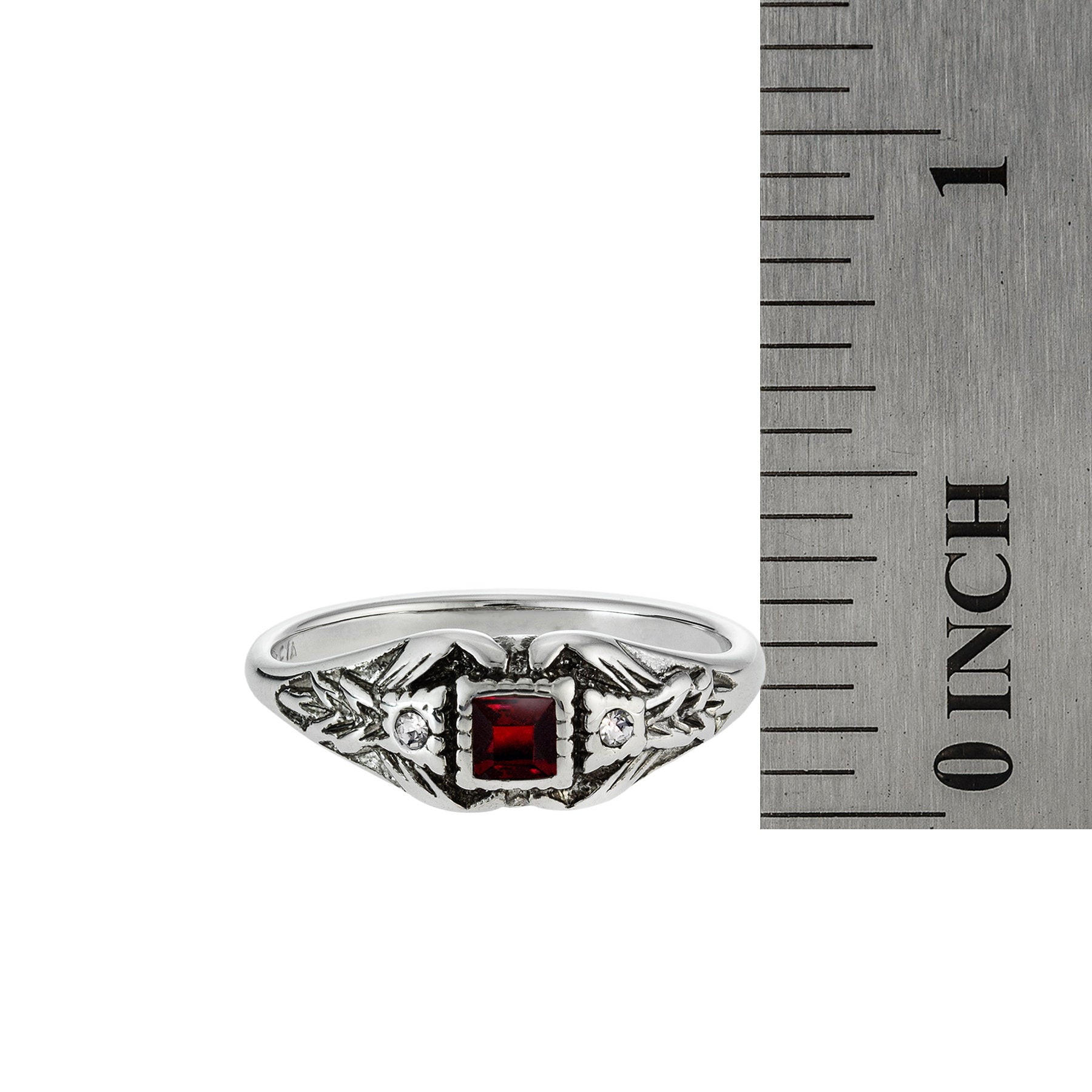 Vintage 1980's Ring Ruby and Clear Austrian Crystal 18k Antique White Gold Electroplated Made in the USA