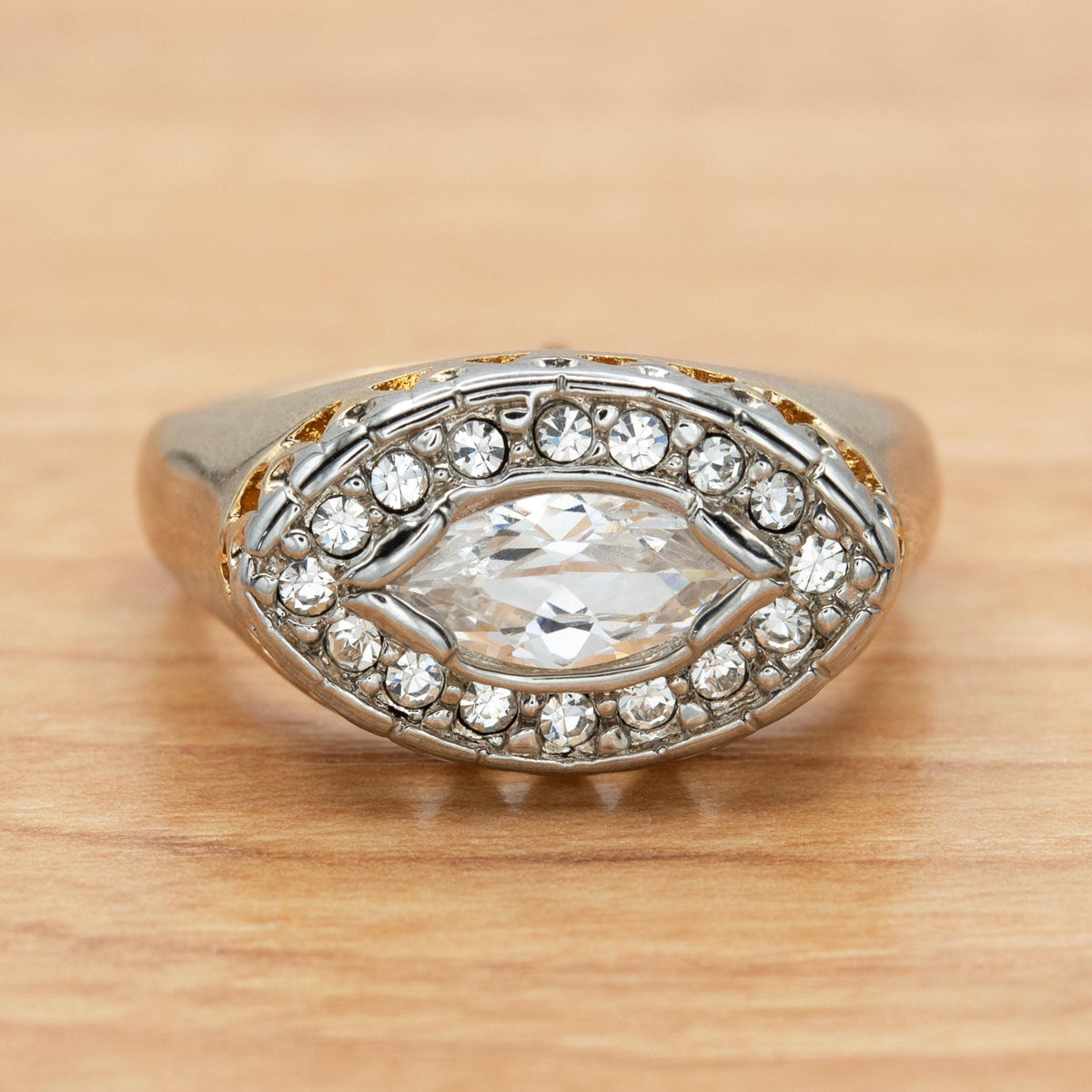 Vintage Ring 18k Yellow Gold Electroplated Edwardian Style Marquise Cubic Zirconia Ring