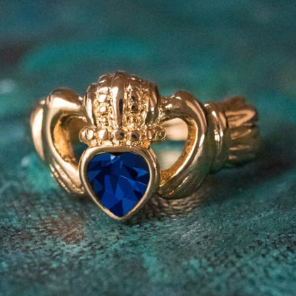 Vintage Jewelry Sapphire Austrian Crystal Claddagh Ring 18k Yellow Gold Electroplated