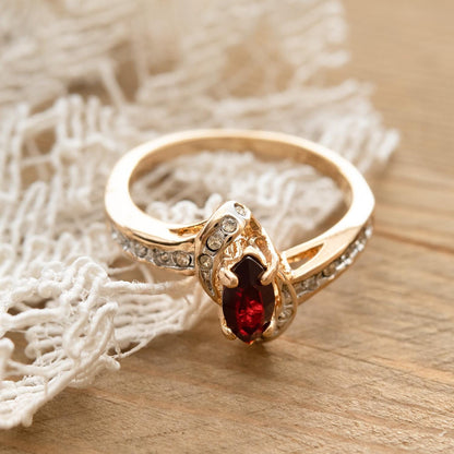 Vintage Woman's Antique Garnet Austrian & Clear Crystal Ring 18k Gold Electroplated USA Handmade