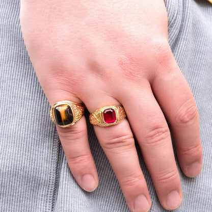 Vintage Ring 1980s Mens Genuine Tiger Eye 18kt Gold Electroplated Ring Unisex Jewelry Gift for Men Dad Husband Father's Day Gift Men's Rings