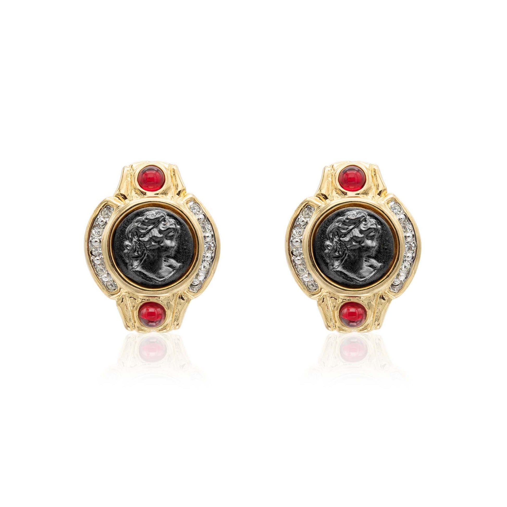 Catherine Vintage Antique Gold Earrings Black Coin with Ruby and Clear Crystals