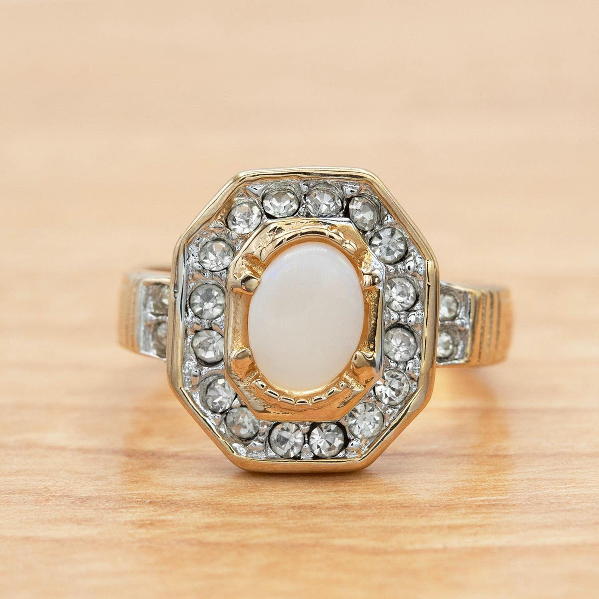 Vintage Genuine Opal and Austrian Crystals 18kt Gold Electroplated Birthstone Ring