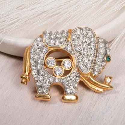 Vintage Women's Brooch Pin Elephant Clear Crystals & Emerald Eye Good Luck Only One Available