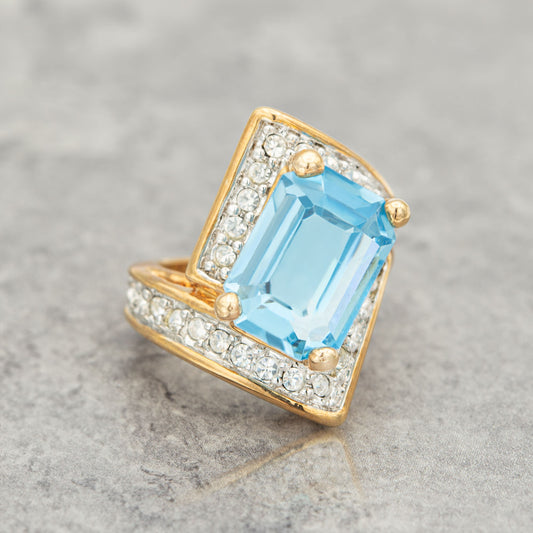 Vintage Ring Aquamarine and Clear Austrian Crystal Ring 18k Gold Antique Jewelry for Women R1914-ACY - Limited Stock - Never Worn