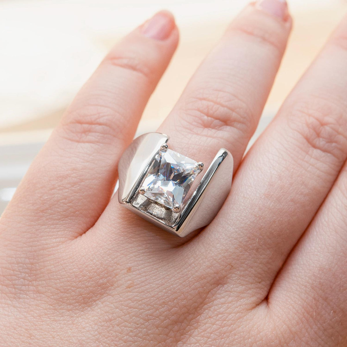 Vintage 18KT White Gold Electroplated Cubic Zirconia Ring 4 CT Solitaire Emerald Cut Women's Statement Ring