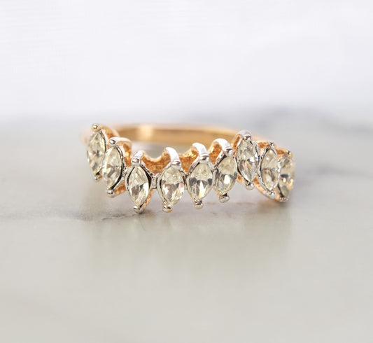 Womens Vintage 1980s Crystal Band Ring 18k Yellow Gold Electroplated Mid Century Layering Wedding Band Wave Ring Womans Rings Jewelry April