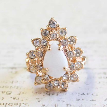 Vintage Victorian Style Genuine Opal with Austrian Crystals 18k Yellow Gold Electroplated Ring