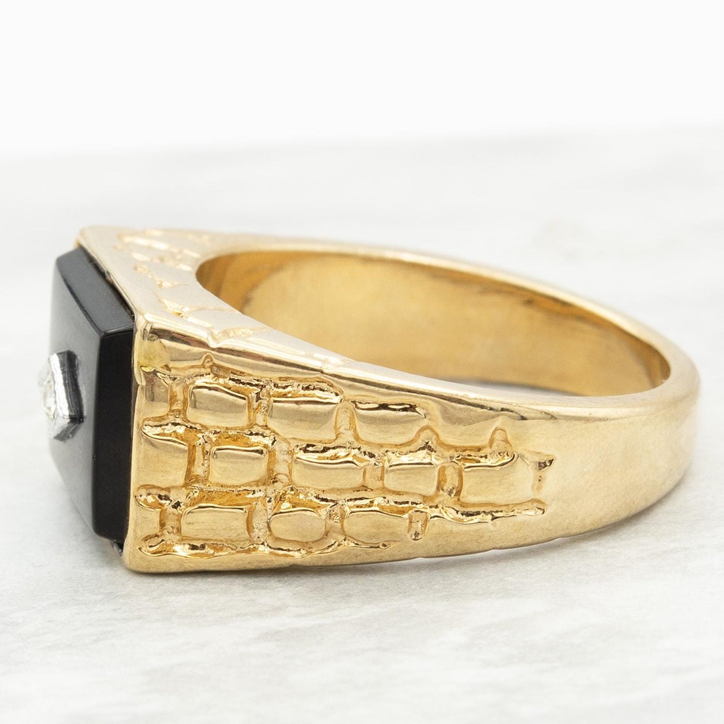 Vintage Ring 1980s Mens Onyx and Austrian Crystal 18kt Gold Plated Antique Ring #R6001 - Limited Stock - Never Worn