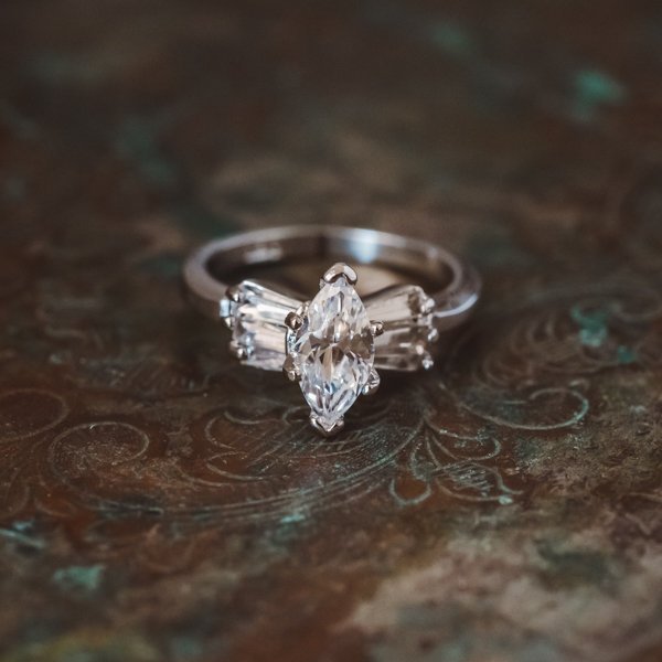 Vintage 1980's 18k White Gold Plated Marquis Shaped Cubic Zirconia Engagement Style Ring Made in USA