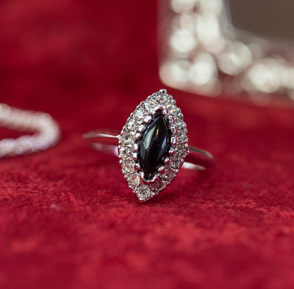 Vintage Genuine Black Onyx Marquise Ring with Clear Austrian Crystals – 18k White Gold Electroplated jewelry image 1